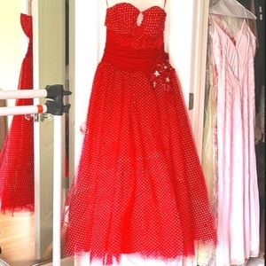 Red Strapless Long Full Skirt Polka Dot Dress